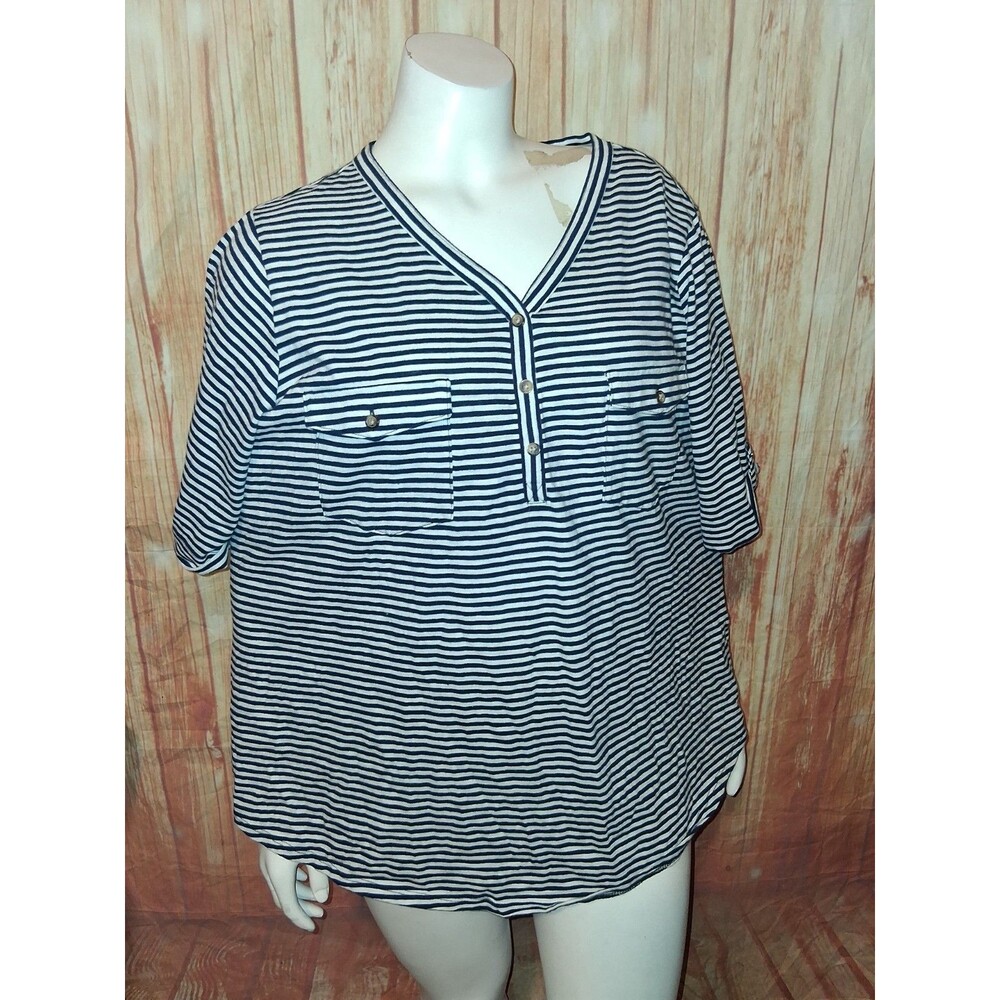 Croft & Barrow Navy/White Stripe Short Sleeve V-neck Blouse Sz 1X
